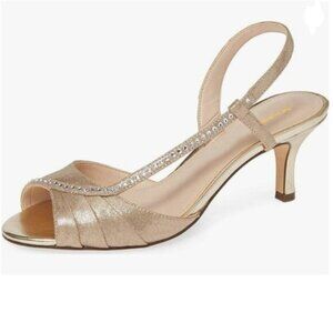 XYD Gold Peep Toe Low Heel Sandals Strappy Slingback Rhinestone Dressy Shoes